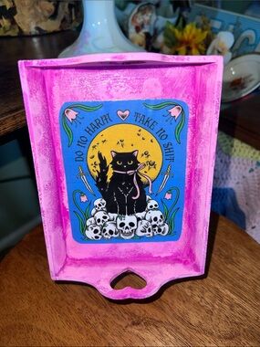 Handmade Pink Wooden Tray with Black Cat Graphic